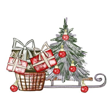 Kırmızı toplarla süslenmiş suluboya Noel ağacı. Kızak ve hediye kutularıyla klasik tarzda kompozisyon. Çizim tarzında el çizimi çizimi. Davetiye ve kartları tasarlamak için şablon