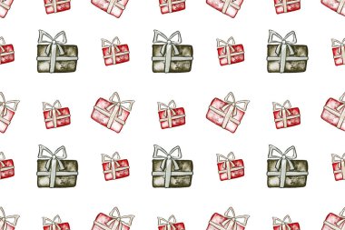 Geleneksel kırmızı ve yeşil renklerde hediye kutuları olan kusursuz bir Noel deseni. Çizim tarzında el çizimi çizimi. Kağıt ve tekstil paketleme şablonu