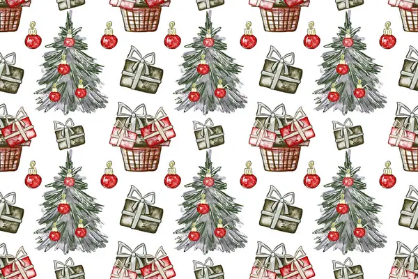 Hediye kutuları, topları ve Noel ağacı olan kusursuz bir Noel deseni. Çizim tarzında el çizimi çizimi. Kağıt ve tekstil paketleme şablonu