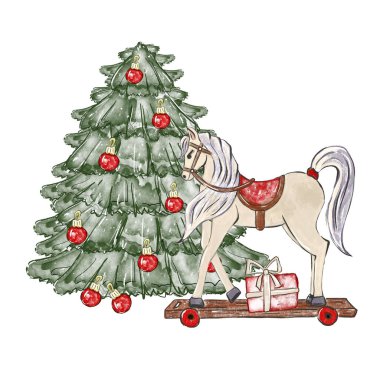 Klasik at oyuncağı, hediye ve Noel ağacı ile Noel kompozisyonu. Robot resim şeklinde suluboya el çizimi. Davetiye ve kart tasarımı için yazdır