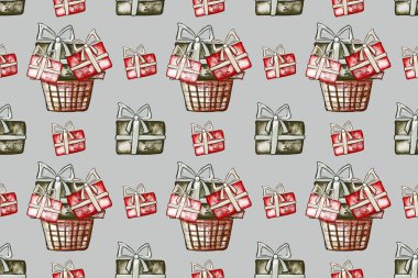 Hediye kutuları, topları ve Noel ağacı olan kusursuz bir Noel deseni. Çizim tarzında el çizimi çizimi. Kağıt ve tekstil paketleme şablonu
