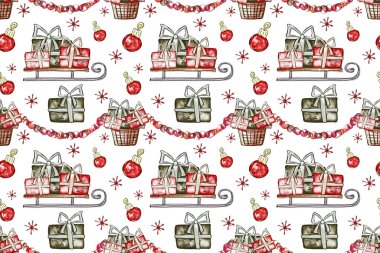 Hediye kutuları, kızakları ve Noel ağacı olan kusursuz bir Noel deseni. Robot resim şeklinde suluboya el çizimi. Kağıt ve tekstil paketleme şablonu
