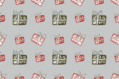 Geleneksel kırmızı ve yeşil renklerde hediye kutuları olan kusursuz bir Noel deseni. Çizim tarzında el çizimi çizimi. Kağıt ve tekstil paketleme şablonu