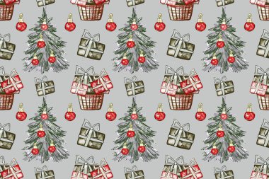 Hediye kutuları, topları ve Noel ağacı olan kusursuz bir Noel deseni. Çizim tarzında el çizimi çizimi. Kağıt ve tekstil paketleme şablonu