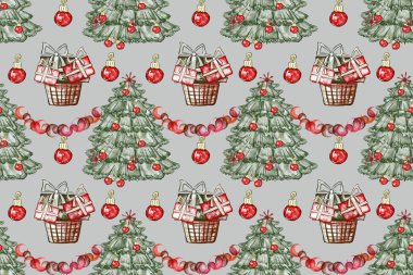 Kırmızı toplarla süslenmiş suluboya Noel ağacı. Hasır sepet, çelenk ve hediye kutularıyla klasik tarz kompozisyon. Davetiyeler ve kartlar tasarlamak için, çizim tarzında el çizimi illüstrasyonu