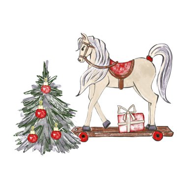 Klasik at oyuncağı, hediye ve Noel ağacı ile Noel kompozisyonu. Robot resim şeklinde suluboya el çizimi. Davetiye ve kart tasarımı için yazdır
