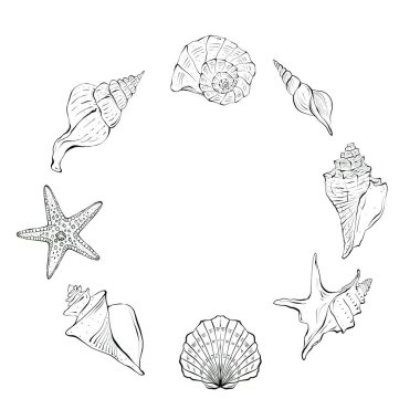Deniz kabuğu çelengi beyaz arka planda izole edilmiş. Sanat tarzında el çizimi çizimi. Sualtı dünyası, davetiyeler, kartlar ve tekstil baskıları için arka plan.