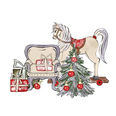 Klasik at oyuncağı, koltuk, hediyeler ve Noel ağacı ile Noel kompozisyonu. Robot resim şeklinde suluboya el çizimi. Davetiye ve kart tasarımı için yazdır