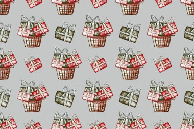 Hediye kutuları, topları ve Noel ağacı olan kusursuz bir Noel deseni. Çizim tarzında el çizimi çizimi. Kağıt ve tekstil paketleme şablonu