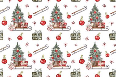 Hediye kutuları, kızakları ve Noel ağacı olan kusursuz bir Noel deseni. Robot resim şeklinde suluboya el çizimi. Kağıt ve tekstil paketleme şablonu