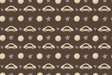 Yeni yürümeye başlayan tahta oyuncakları olan kusursuz bir model. El çizimi bebek korsanı, araba, çıngırak. Çocuklar için suluboya kusursuz bir arka plan. Çocuksu tekstil veya duvar kağıdı için yazdır.