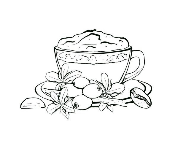Graphic silhouette of a coffee mug and coffee beans and flowers. Hand drawn Food illustration in sketch style on white background for cafe menu, restaurant, prints.