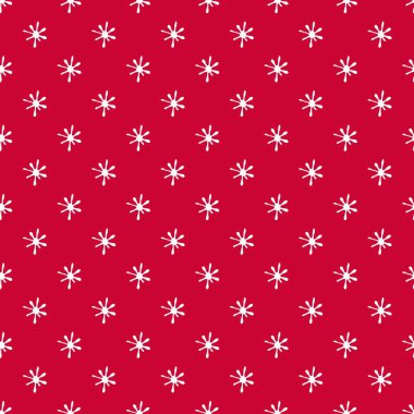 Beyaz kar taneleri olan kusursuz bir kırmızı arka plan. Çizim tarzında el çizimi çizimi. Kağıt ve tekstil paketleme şablonu.