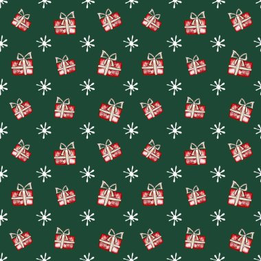 Hediye kutuları ve kar taneleri olan kusursuz bir Noel deseni. Çizim tarzında el çizimi çizimi. Kağıt ve tekstil paketleme şablonu
