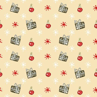 Hediye kutuları, topları ve kar taneleri olan kusursuz bir Noel deseni. Çizim tarzında el çizimi çizimi. Kağıt ve tekstil paketleme şablonu