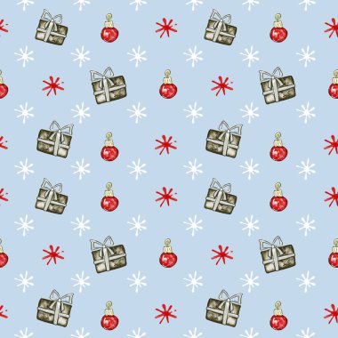 Hediye kutuları, topları ve kar taneleri olan kusursuz bir Noel deseni. Çizim tarzında el çizimi çizimi. Kağıt ve tekstil paketleme şablonu