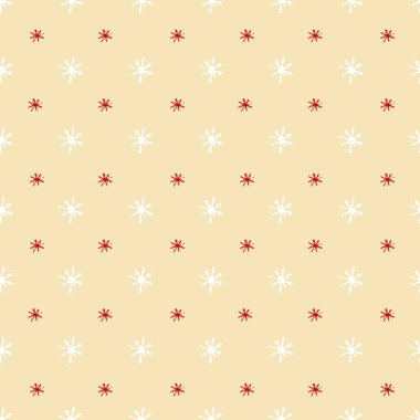 Beyaz ve kırmızı kar taneleri olan kusursuz bir Noel arkaplanı. Çizim tarzında el çizimi çizimi. Kağıt ve tekstil paketleme şablonu