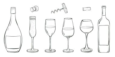 Şarap şişeleri ve bardaklar. Çizim tarzında grafiksel el çizimi çizimi. Menü tasarımı, içecek etiketleri, yazdırma, şablonlar, davetiyeler için yiyecek çizgisi tasarım ögesi