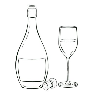 Şarap şişesi ve camın grafiksel çizimi. Çizim tarzında çizilmiş çizim çizimi. Menü tasarımında kullanılacak tasarım ögesi, içecek etiketleri, yazdırma, şablonlar, davetler