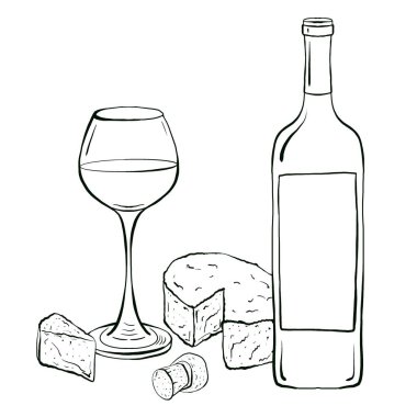 Şarap şişesinin, bardağın ve peynirin grafiksel çizimi. Fransız aperatifi çizim stiliyle çizilmiş. Menü tasarımında kullanılacak tasarım ögesi, içecek etiketleri, yazdırma, şablonlar, davetler