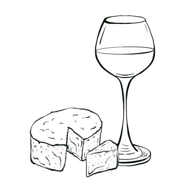 Bir bardak şarap ve Camembert peyniri. Çizim tarzında grafiksel el çizimi çizimi. Menü tasarımı, içecek etiketleri, yazdırma, şablonlar, davetiyeler için satır sanatı tarzı yiyecek ögesi.