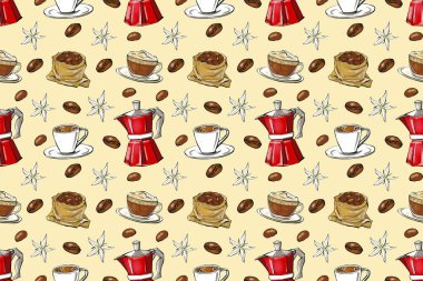 Suluboya kahve pürüzsüz desen. Kavrulmuş kahve çekirdekleri, kahve fincanı, kahve demliği ve bej arka planda çiçekler olan yemek arkaplanı. El çizimi çizimi. Tekstil ve ambalaj için tasarım.