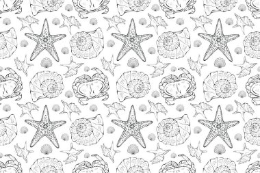 Denizcilik tarzında kusursuz desen. Beyaz arka planda deniz yıldızı, yengeç ve kabuk. Çizim tarzında el çizimi siyah mürekkeple çizilmiş. Paketleme, tekstil, duvar kağıdı için tasarım.