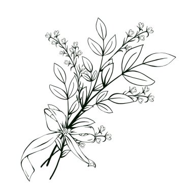 Bir buket dallar, yabani ve bahçe çiçekleri. Düğün davetiyesi, kartpostal, çıkartma, tebrik kartı için minimalist tarzda el çizimi botanik illüstrasyon.