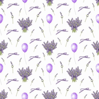 Çiçekli ve kırsal dekorlu lavanta desenli. Provence çiçekli arka plan. Tekstil, ambalaj, ev dekorasyonu için suluboya el çizimi