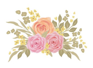 Kır çiçekleri, pembe ve sarı güllü kır buketi. Çiçeklerin ve bitkilerin yeşillik dalları. El çizimi botanik çizimi, beyaz arkaplanda izole.