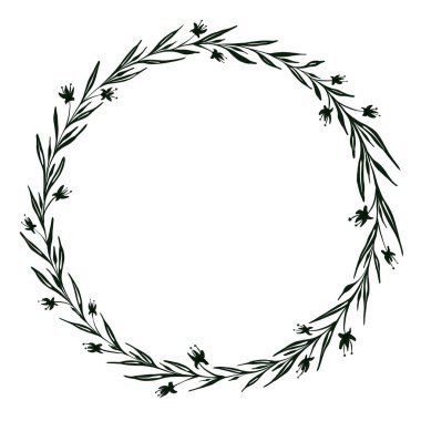 Çizgi halinde siyah çiçek çerçeveleri, dal ve yapraklar. Zarif çiçek şablonu. Etiketler için el çizimi illüstrasyon, düğün davetiyesi, tebrik kartı