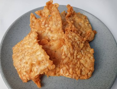 Beyaz arka planda izole edilmiş tabakta Endonezya Asya mutfağından leziz kızarmış tempeh. Tempe goreng