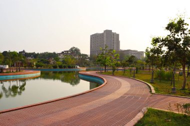 Göl kenarındaki fayanslar bir parkın içindeki ağaçlar ve otlar tarafından çevrelenir. Asfalt yol manzarası. Dairesel şekil yürüyüş yolu. Park içinde çalışan parça.