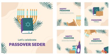 Hand drawn instagram posts collection for jewish passover celebration. Happy Passover. Paasover seder. Judaism clipart