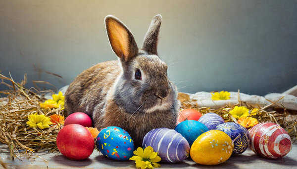 Conejo Rodeado Huevos Color Pascua — Foto de Stock
