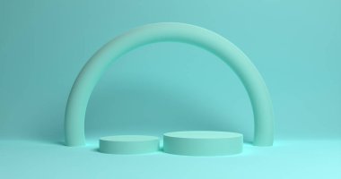 Bu resim yumuşak pastel yeşil renklere ve kozmetik reklamları için basit tasarım elemanlarına sahip bir podyuma sahiptir.