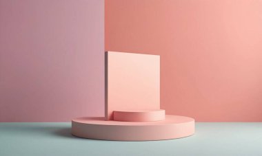 3 boyutlu geometrik şekiller. Pastel renkli boş podyum görüntüsü. Sunum için minimalist kaidesi ya da vitrin sahnesi. Kozmetik reklamcılık için soyut arkaplan