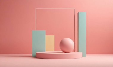 3 boyutlu geometrik şekiller. Pastel renkli boş podyum görüntüsü. Sunum için minimalist kaidesi ya da vitrin sahnesi. Kozmetik reklamcılık için soyut arkaplan