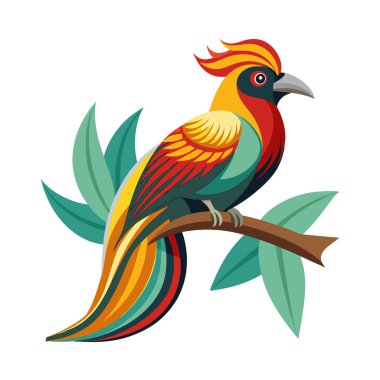 A vibrant, stylized bird perched on a branch. It features a bright red and yellow plumage with blue accents on its beak and wings. The bird has a striking crest of feathers on its head and a long, colorful tail. Lush green leaves surround the branch, clipart