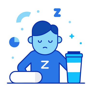 Blue Monday,  Tired Person with Coffee and Empty Battery Icon, Surrounded by Z's in a Simple Vector Design clipart