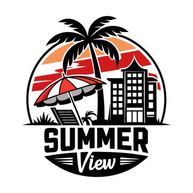 Summer Vibes Otel Logosu, Palm Tree, Sunshade ve Circle 'daki Şehir Manzarası Seyahat Markası İçin Mükemmel