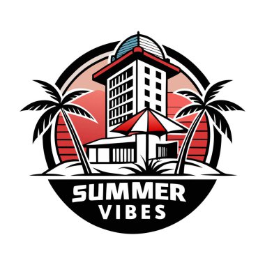 Summer Vibes Otel Logosu, Palm Tree, Sunshade ve Circle 'daki Şehir Manzarası Seyahat Markası İçin Mükemmel