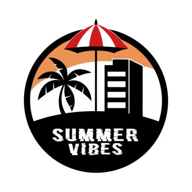 Summer Vibes Otel Logosu, Palm Tree, Sunshade ve Circle 'daki Şehir Manzarası Seyahat Markası İçin Mükemmel