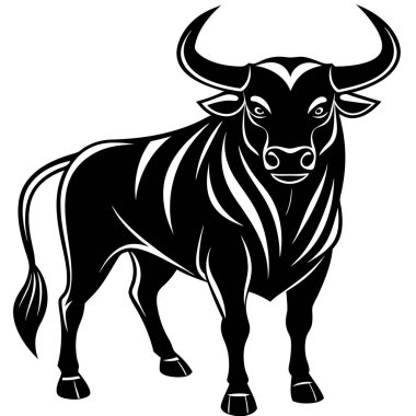 Bold Bull Silhouette Standing in Powerful Stance Icon. A dynamic black silhouette of a bull standing proudly, showcasing strength and power. Ideal for logos, tattoos, and cultural symbols related to bulls, strength, and resilience. clipart