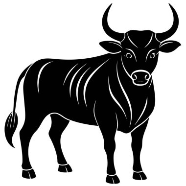 Bold Bull Silhouette Standing in Powerful Stance Icon. A dynamic black silhouette of a bull standing proudly, showcasing strength and power. Ideal for logos, tattoos, and cultural symbols related to bulls, strength, and resilience. clipart