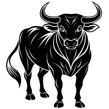 Bold Bull Silhouette Standing in Powerful Stance Icon. A dynamic black silhouette of a bull standing proudly, showcasing strength and power. Ideal for logos, tattoos, and cultural symbols related to bulls, strength, and resilience. clipart