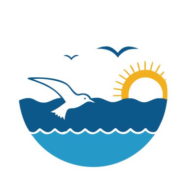 Seagull Silhouette with Sun and Waves Icon clipart