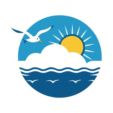 Seagull Silhouette with Sun and Waves Icon clipart