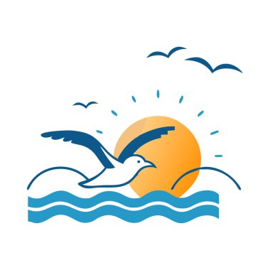 Seagull Silhouette with Sun and Waves Icon clipart