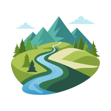 Scenic Mountain River Landscape with Green Hills and Trees clipart